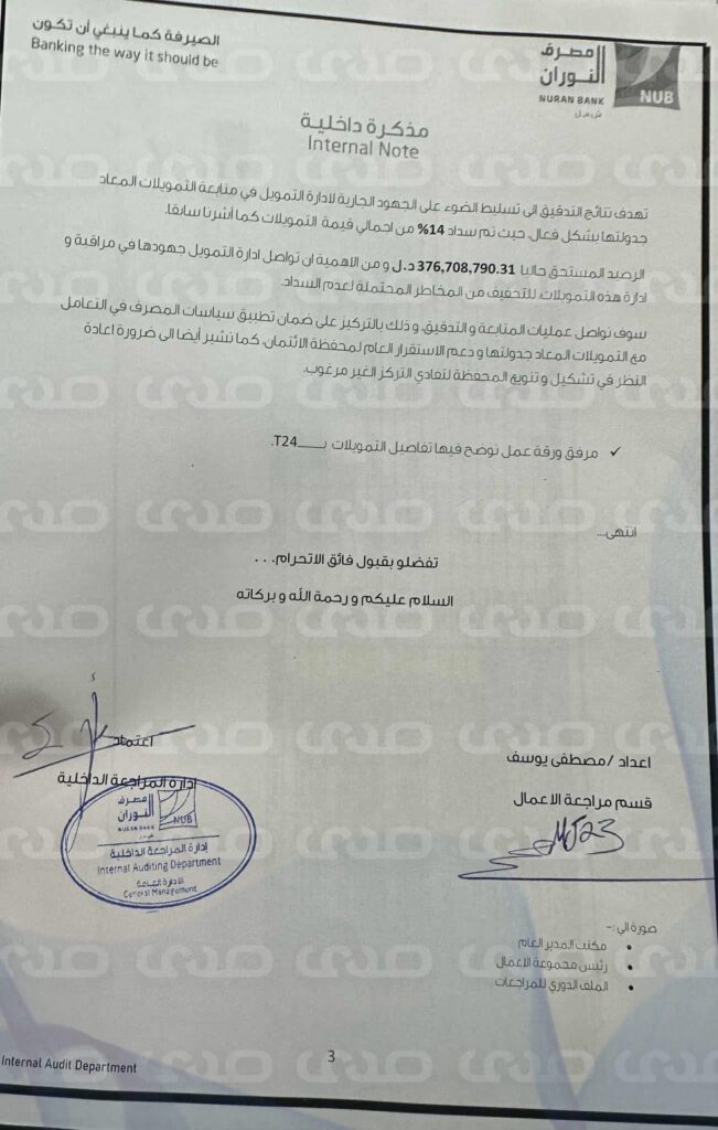 #خاص.. تتحصل على تقرير إدارة المراجعة الداخلية بمصرف النوران .. ومصادر تتحدث عن أزمة داخل البنك